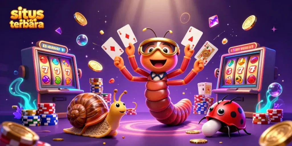 Putar gulungan situs slot terbaru dengan dealer kartun dan tumpukan chip berkilau.