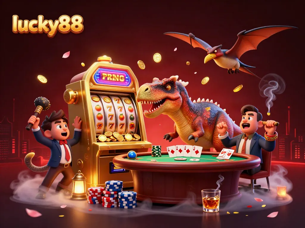 Lucky88 slot machine bursting with coins as characters play in a vibrant casino scene.