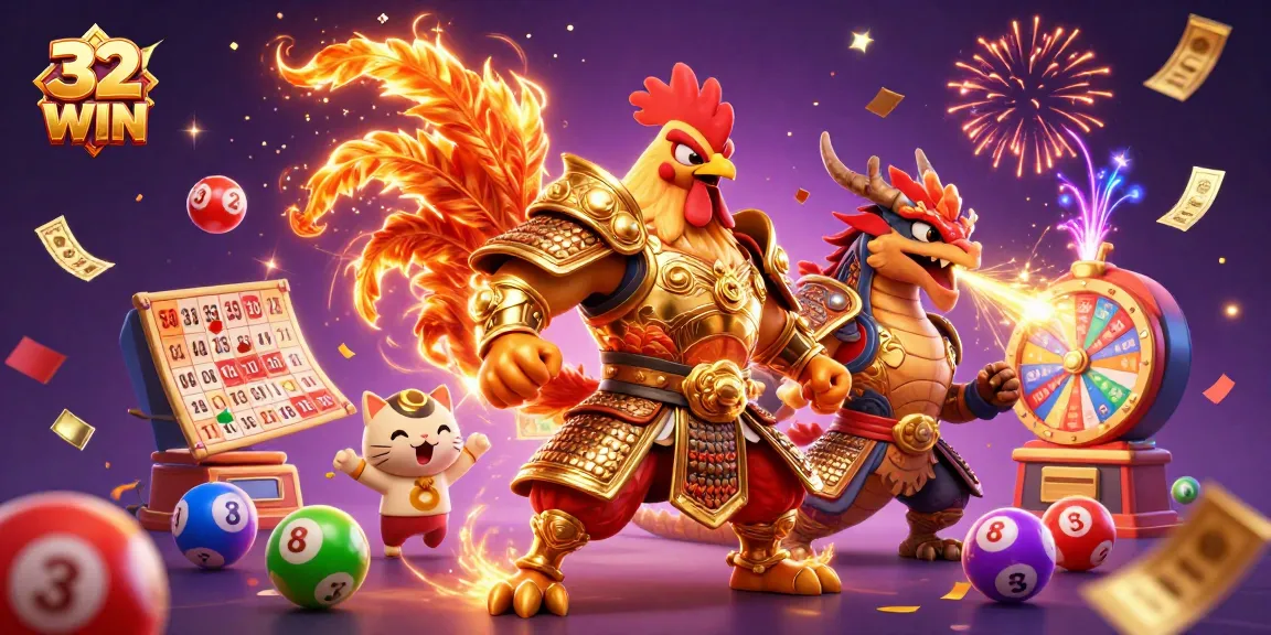 Engage with 32WIN's thrilling lottery elements in a vibrant, dynamic gaming scene.