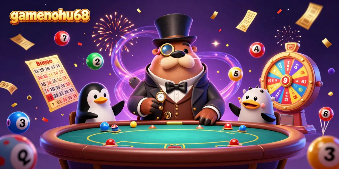 Engage with gamenohu68's thrilling poker scene featuring a jolly walrus, a penguin dealer, and a bluffing pufferfish.