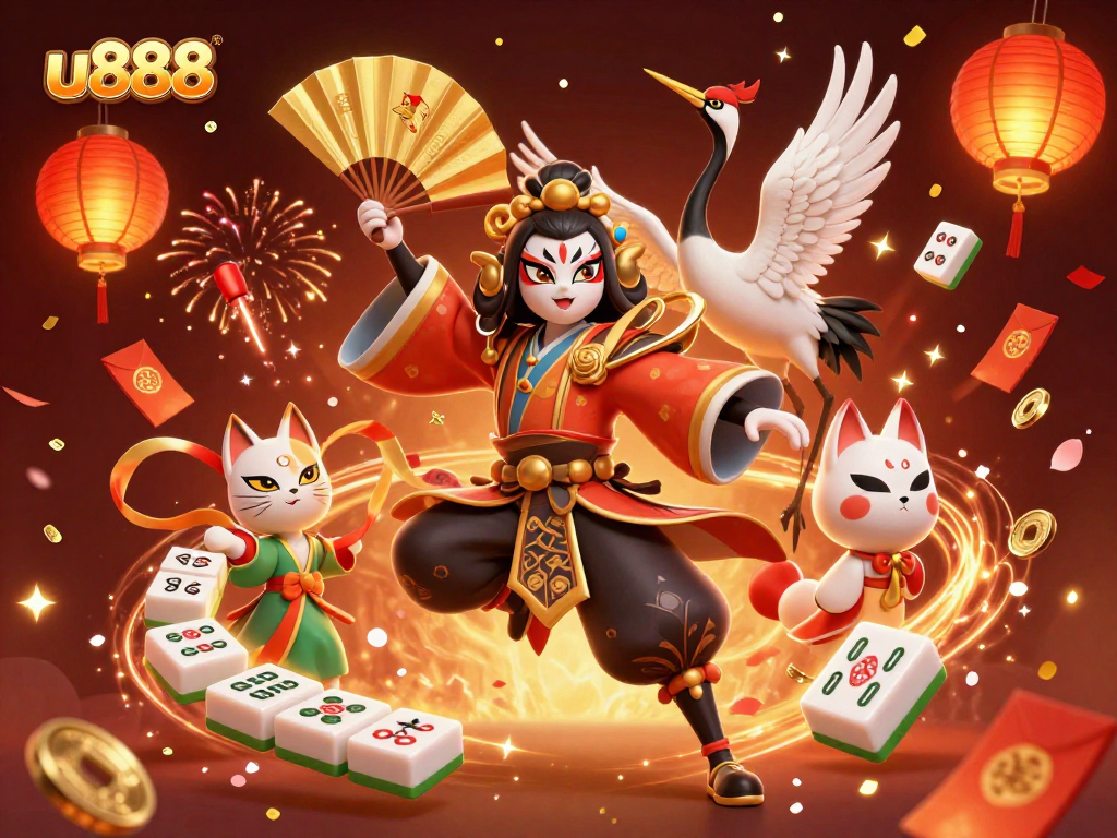 Experience the excitement of u888 with kabuki warriors and festive symbols in a vibrant casino scene.