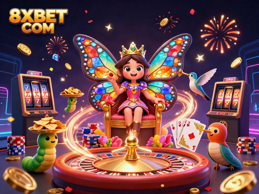 Experience thrilling gaming with 8XBET COM, featuring a vibrant scene of fortune and excitement.