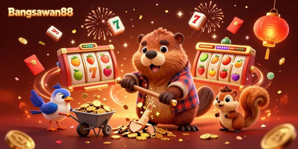 Bangsawan88 animates the thrill of winning with a vibrant scene showing dynamic gambling symbols.