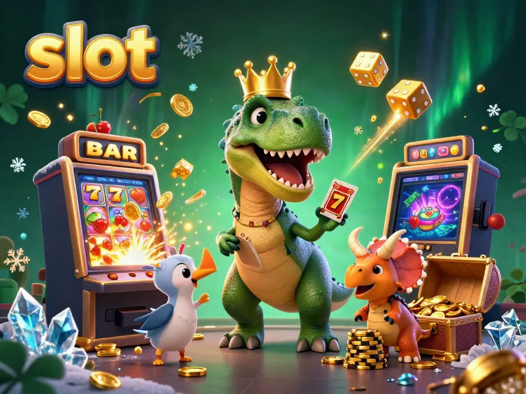 Dynamic scene featuring a T-Rex and friends engaging in exciting slot gaming with colorful casino elements.