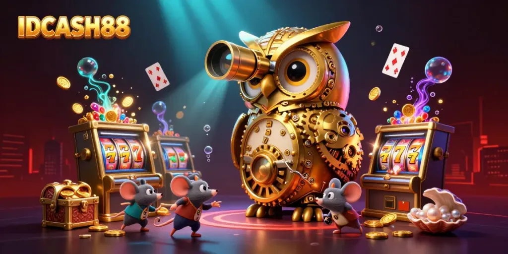 Experience IDCASH88's thrilling casino atmosphere with our 3D illustration featuring games and vibrant characters.