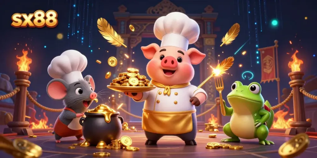 Engage in high-stakes fun with sx88, where a chef pig serves gold coins and a mouse samples molten gold.