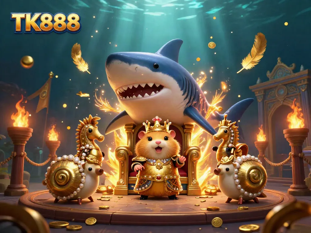 Engage with TK888, a vibrant underwater casino scene showcasing a fierce hamster king with royal seahorse guards amidst golden treasures.