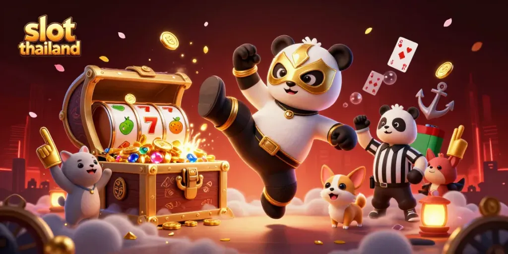 Engage with slot thailand activities through a lively 3D illustration featuring a panda wrestler and vibrant casino elements.