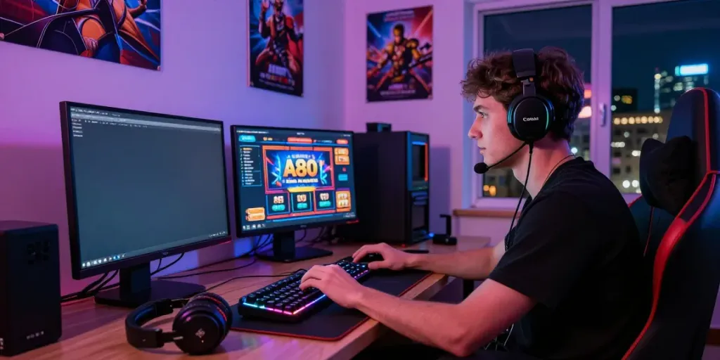 A80 casino online gaming setup featuring a focused male gamer with vibrant accessories and a modern atmosphere.