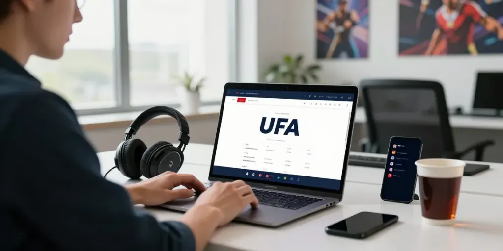 UFA online betting platform being used on a laptop in a vibrant workspace.