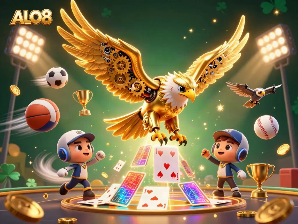 Experience the thrilling world of ALO8 with a vibrant casino-themed 3D digital illustration featuring a golden eagle diving through holographic cards.