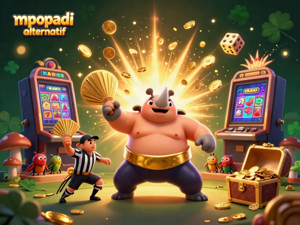 Experience the thrill of winning with mpopadi alternatif as coins fly in a vibrant slot machine scene.