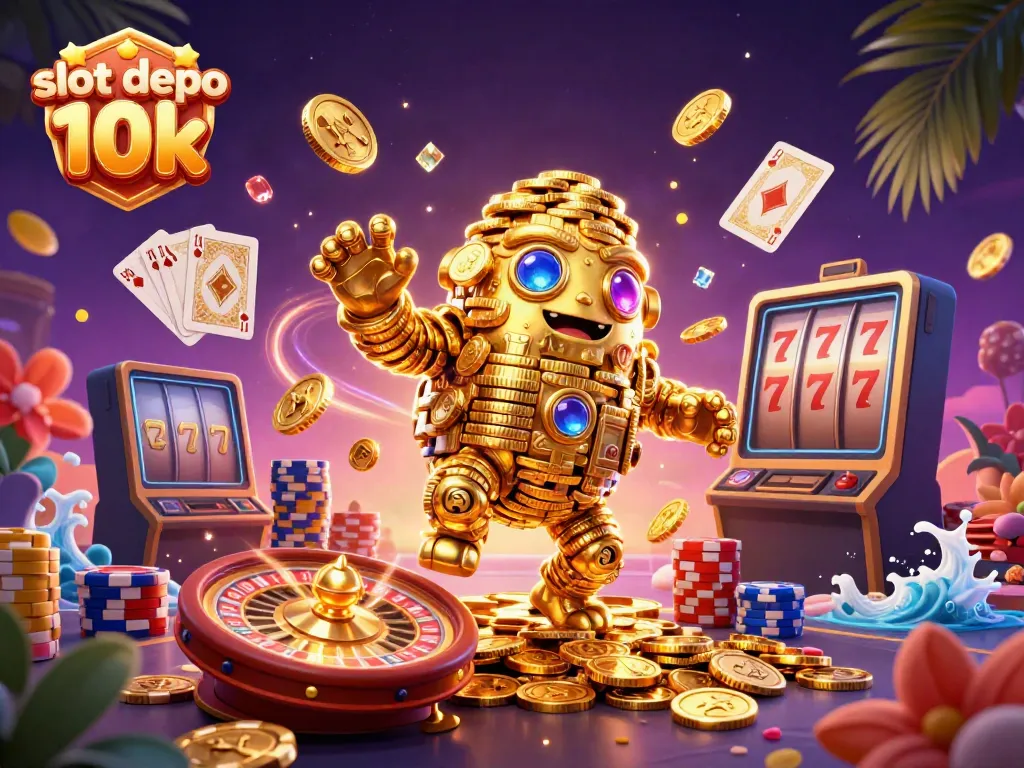 Engage with slot depo 10k action through this vibrant 3D casino illustration packed with dynamic elements.