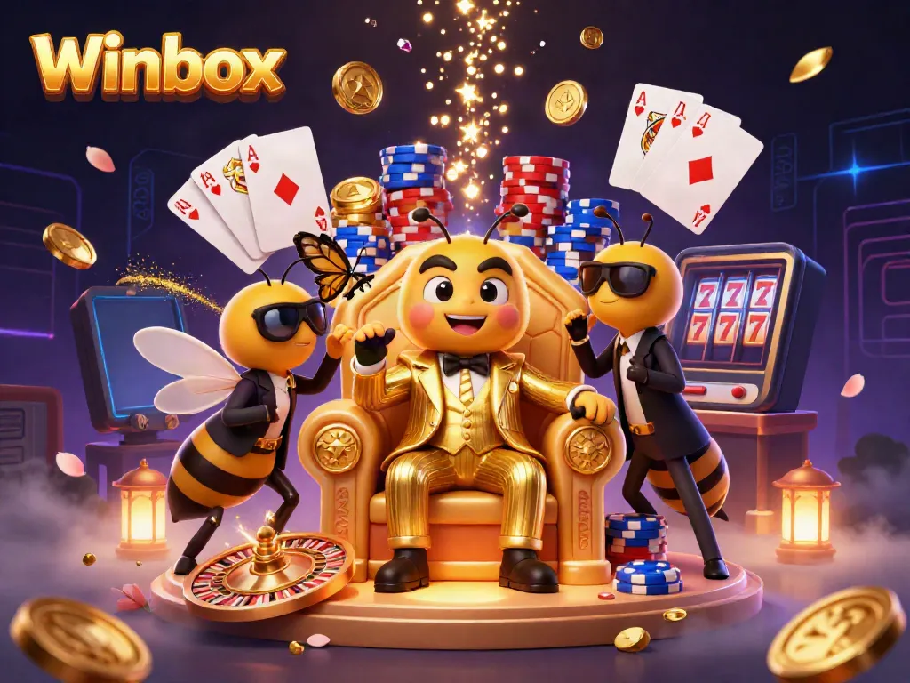 Winbox's vibrant 3D digital casino scene featuring a bumblebee mob boss and dynamic gaming elements.