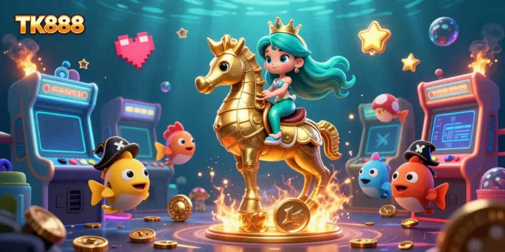 Experience thrilling gameplay with TK888's vibrant underwater casino scene featuring a mermaid and seahorse amidst glowing game elements.