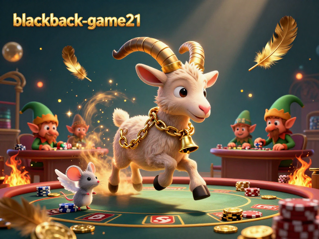 Engage with blackjack-game21 in a dynamic 3D casino scene featuring Krampus, an angel mouse, and elf gremlins.