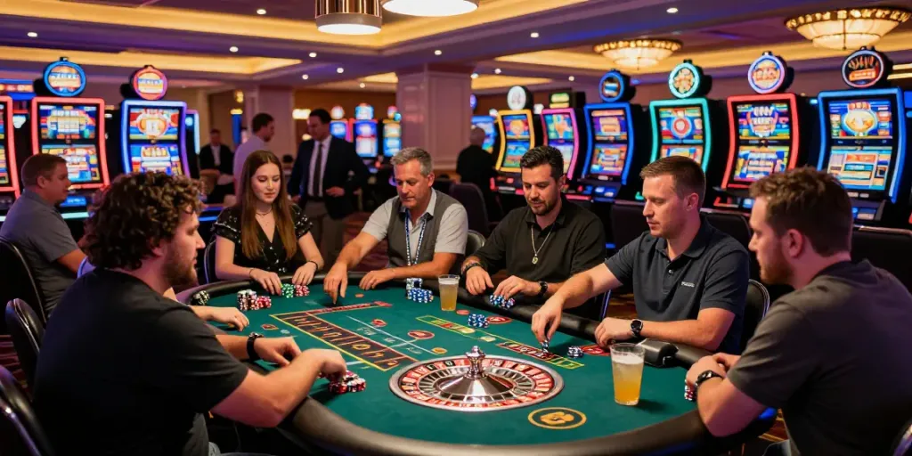 Exciting casino news scene with players engaged at a vibrant roulette table and flashing slot machines.
