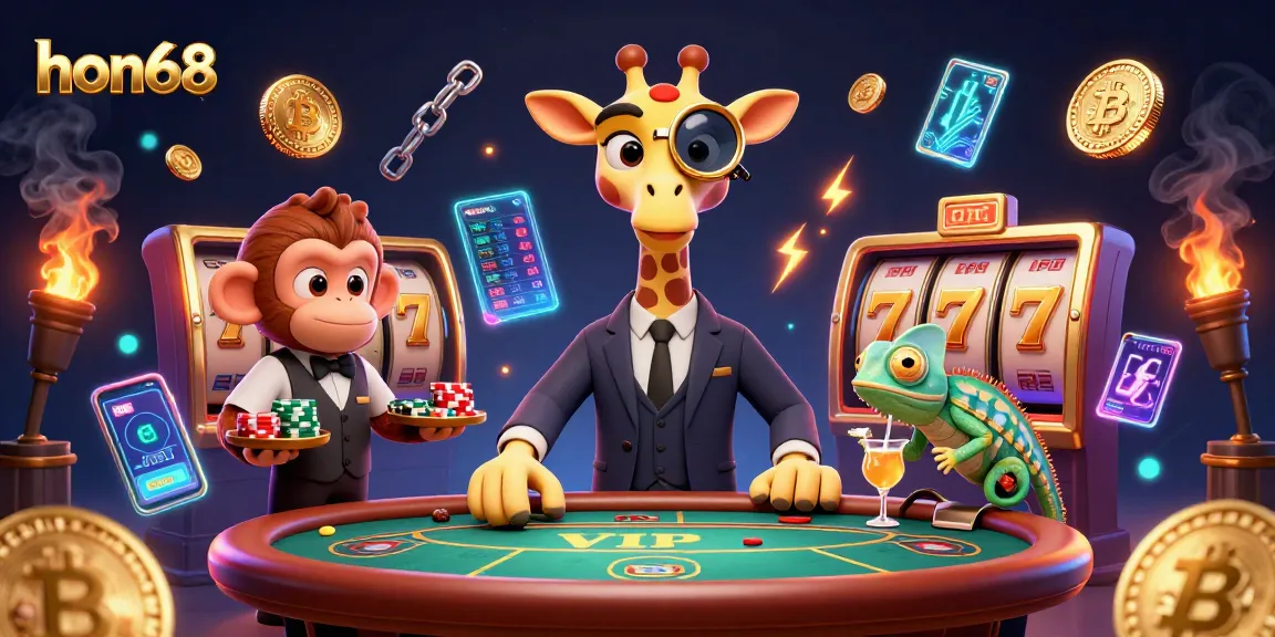 Experience winning thrills at hon68 with vibrant animated casino action featuring giraffe, monkey, and chameleon.