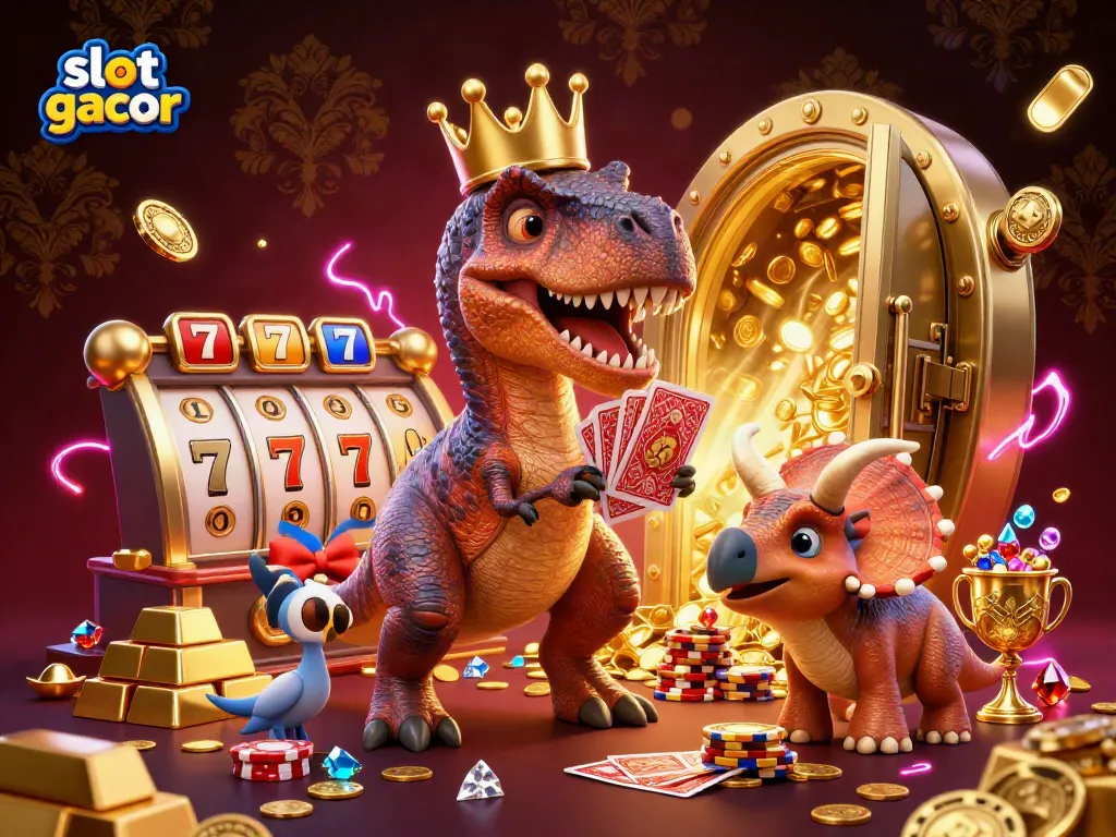 Experience slot gacor action with T-Rex shuffle cards and vibrant gold treasures!