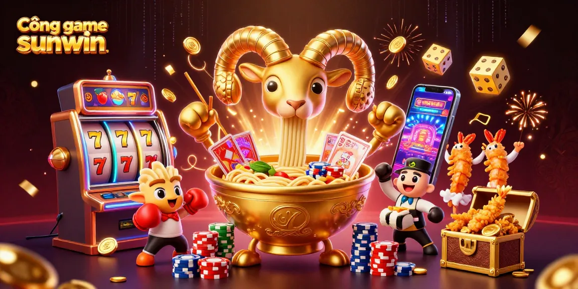 Cổng game sunwin features a vibrant 3D illustration of a golden ramen bowl character amidst dynamic casino elements and jackpot excitement.