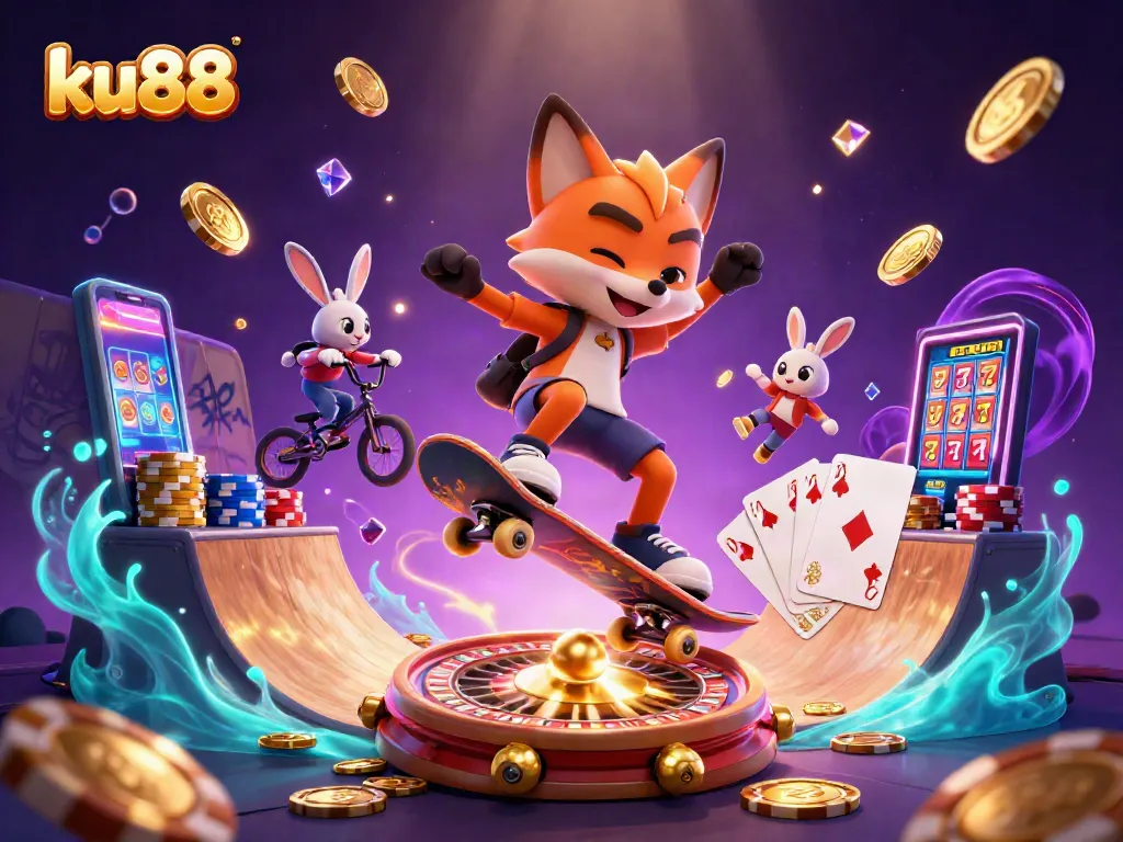Experience excitement at ku88 with vibrant casino action and dynamic characters in this 3D illustration.