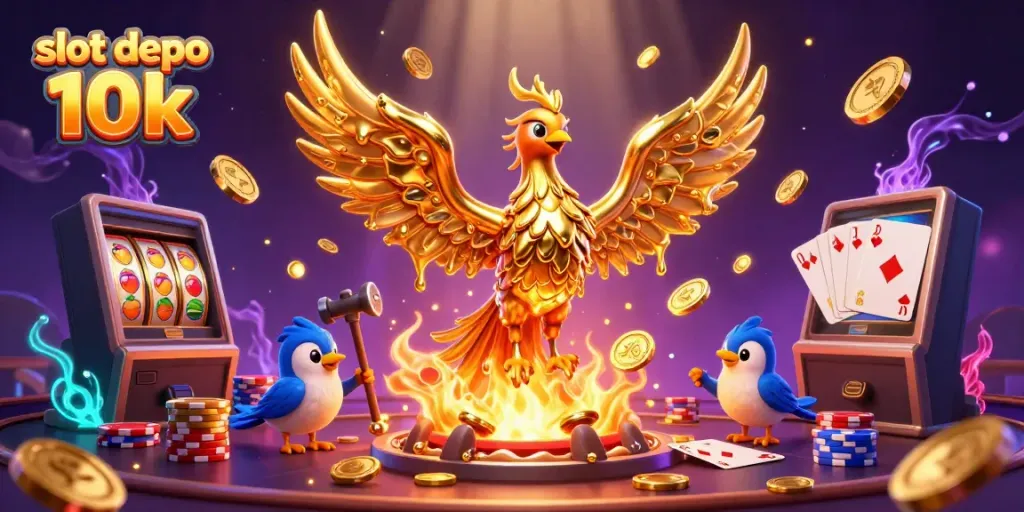 Menangkan dalam slot depo 10k dengan ilustrasi phoenix emas dan permainan kasino yang berkilauan.