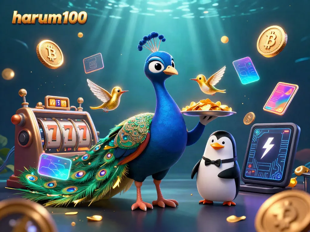 Permainan slot gacor harum100 dengan karakter merak, penguin, dan burung kolibri berkilau.