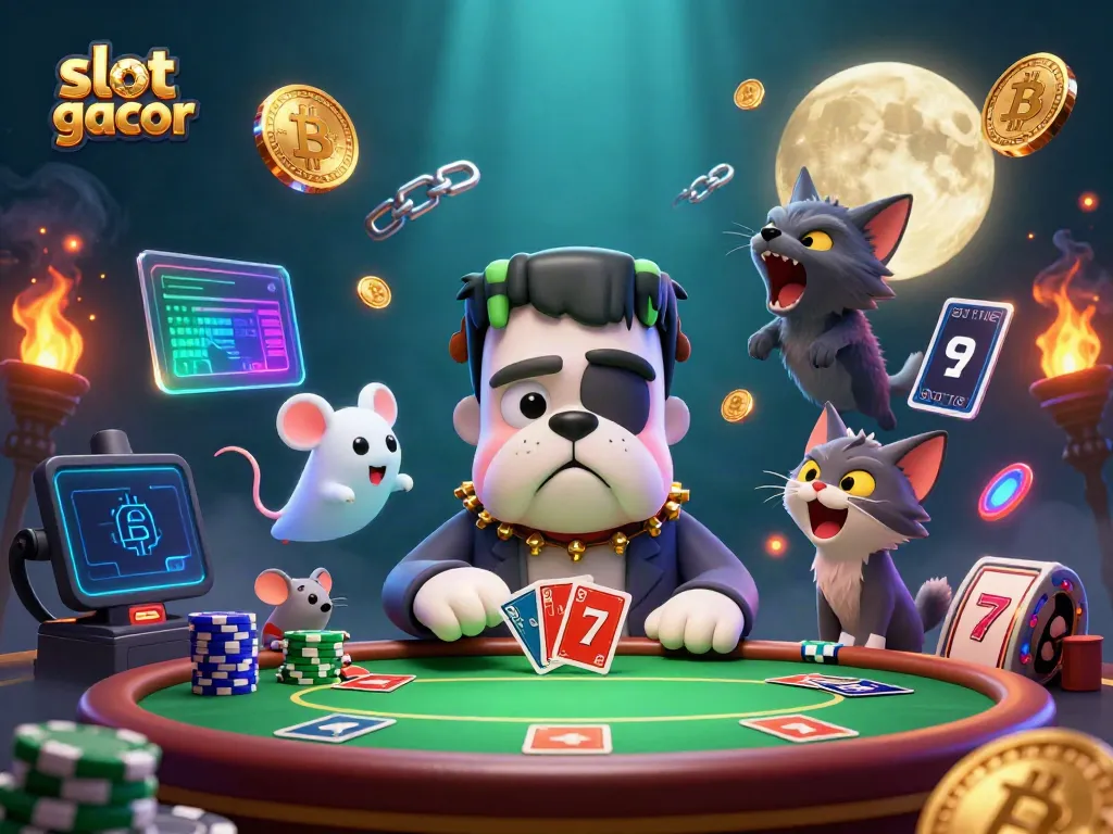 Engage with slot gacor gameplay featuring a card-dealing Frankenstein bulldog amidst electrifying casino elements.