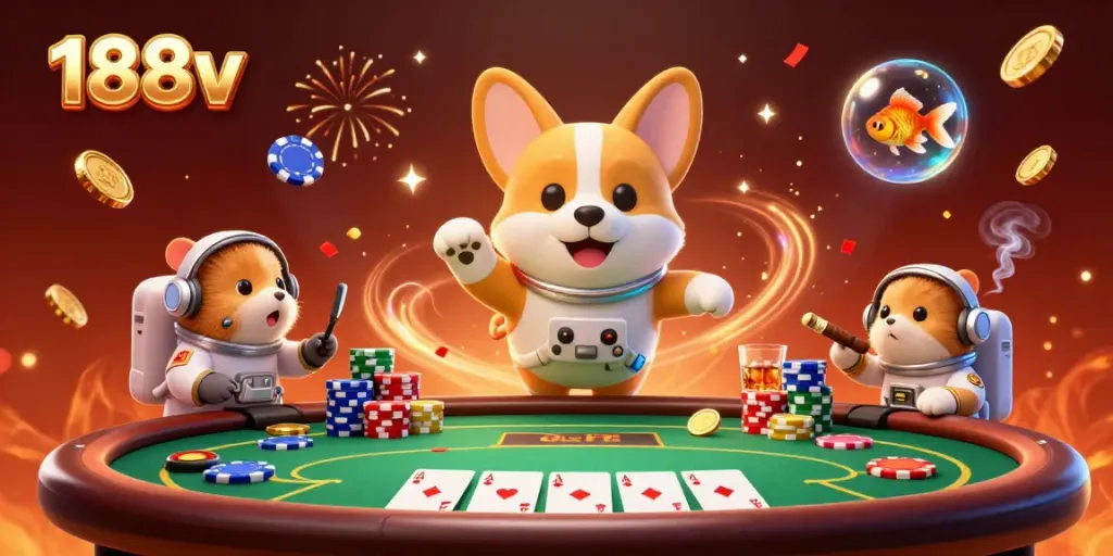 Engaging 3D scene with a floating corgi and hamster in a casino, showcasing 188v gaming excitement.