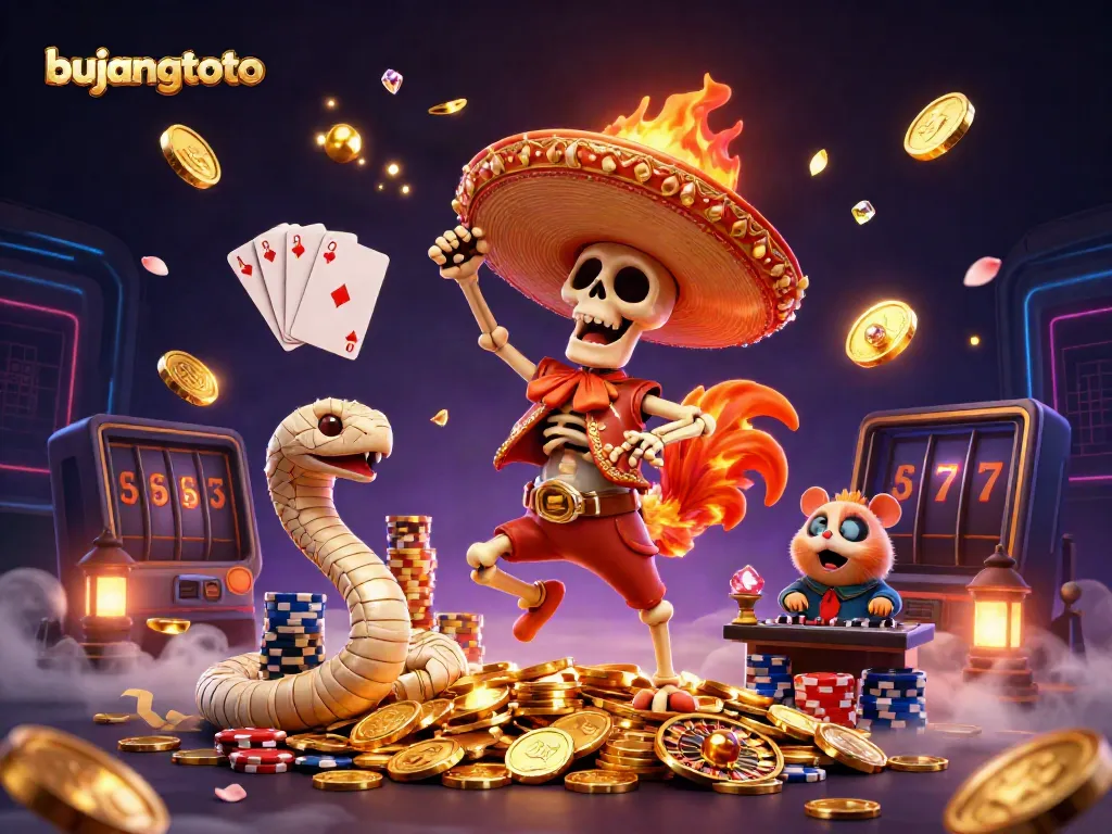 Experience the thrilling world of bujangtoto with dynamic 3D casino characters celebrating over a vibrant casino scene.