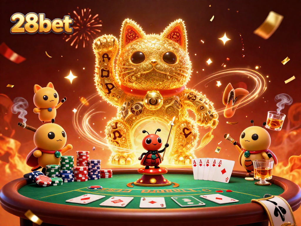 Engage with the vibrant casino scene showcasing 28bet, featuring golden fireflies and poker elements.