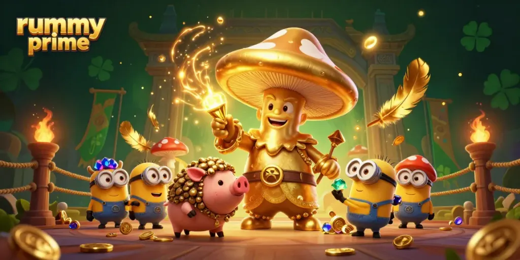 Experience the magic of rummy prime with a vibrant 3D scene featuring fantastical characters and casino elements.