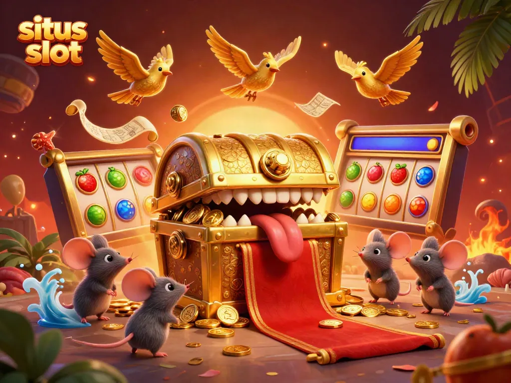 Permainan situs slot yang menggiurkan dengan simbol keberuntungan dan harta karun menarik perhatian pemain.
