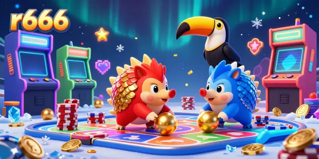 Engage with r666's vibrant casino gaming scene featuring animated pangolins amidst colorful casino elements.