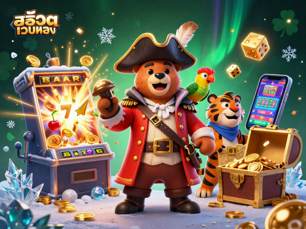 Experience vibrant สล็อตเว็บตรง action with a treasure-filled 3D casino scene featuring dynamic characters.
