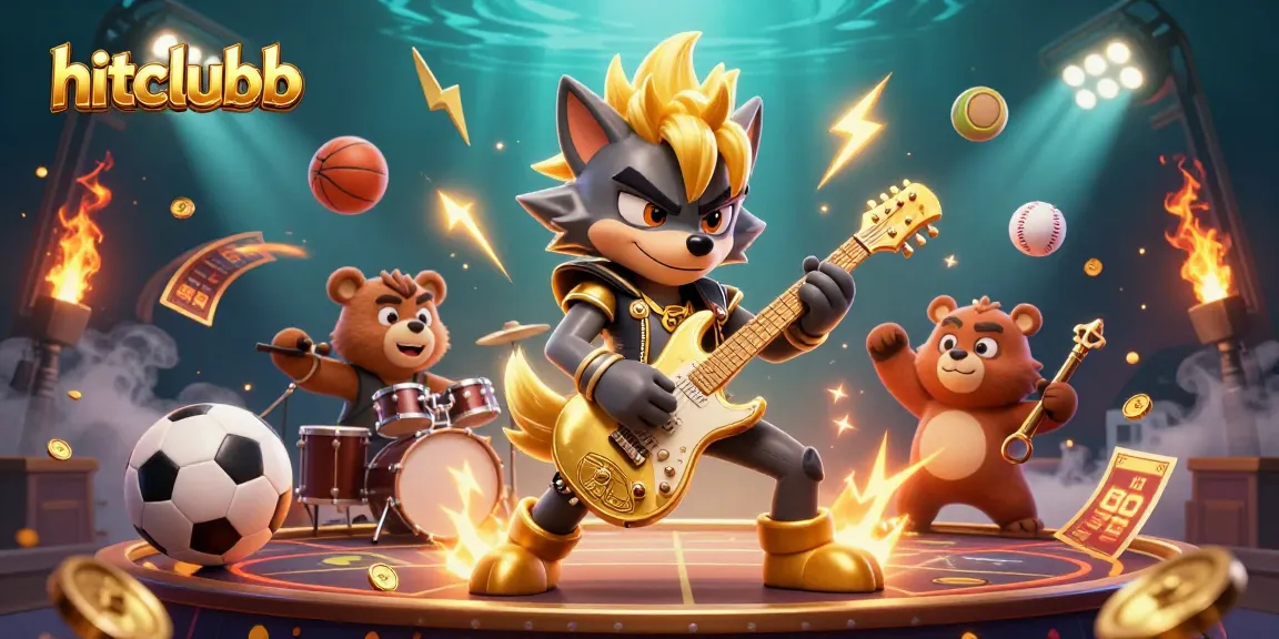 Hitclubb showcases a vibrant 3D casino scene with a rock star wolf and a drummer bear amidst lively sports elements.