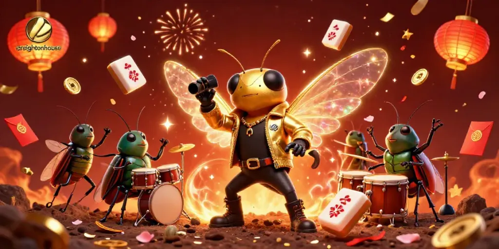 Experience the energetic celebration scene at creightonhouse with vibrant characters and gambling-themed elements.
