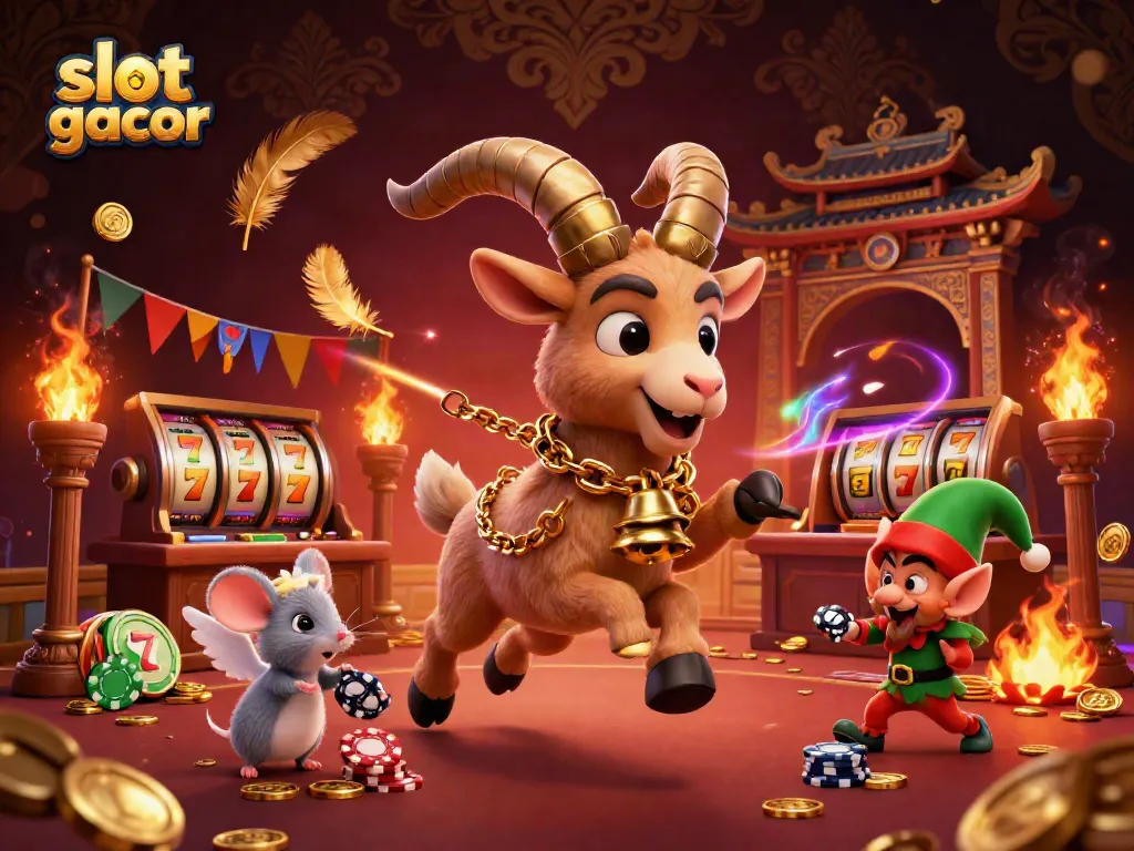 Experience the thrilling slot gacor action in this dynamic casino scene featuring a festive Krampus goat and mischievous characters.
