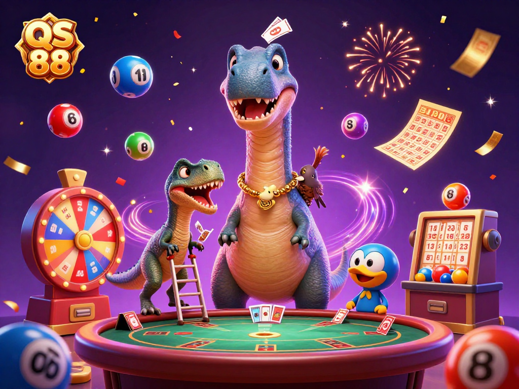 Experience the thrill of QS 88 as a brontosaurus oversees 'live' casino action amidst vibrant lottery elements, delivering dynamic engagement.