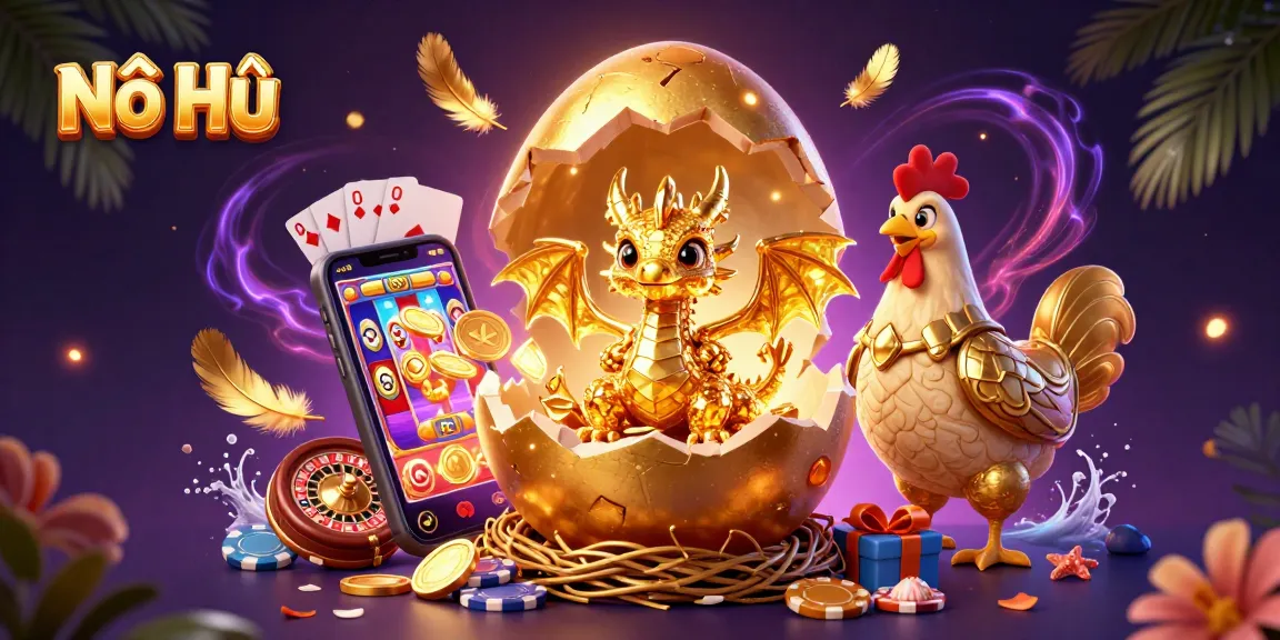 Nổ Hũ slot game scene featuring a golden egg with a dragon, poker chips, and gaming elements.