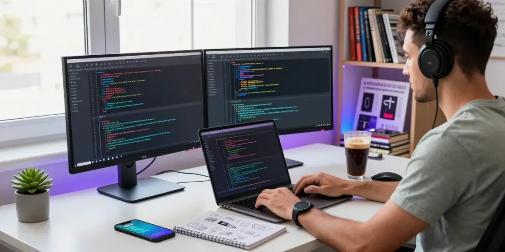 Developer fokus di diana4d dengan kode di laptop dan monitor di ruang kerja modern.