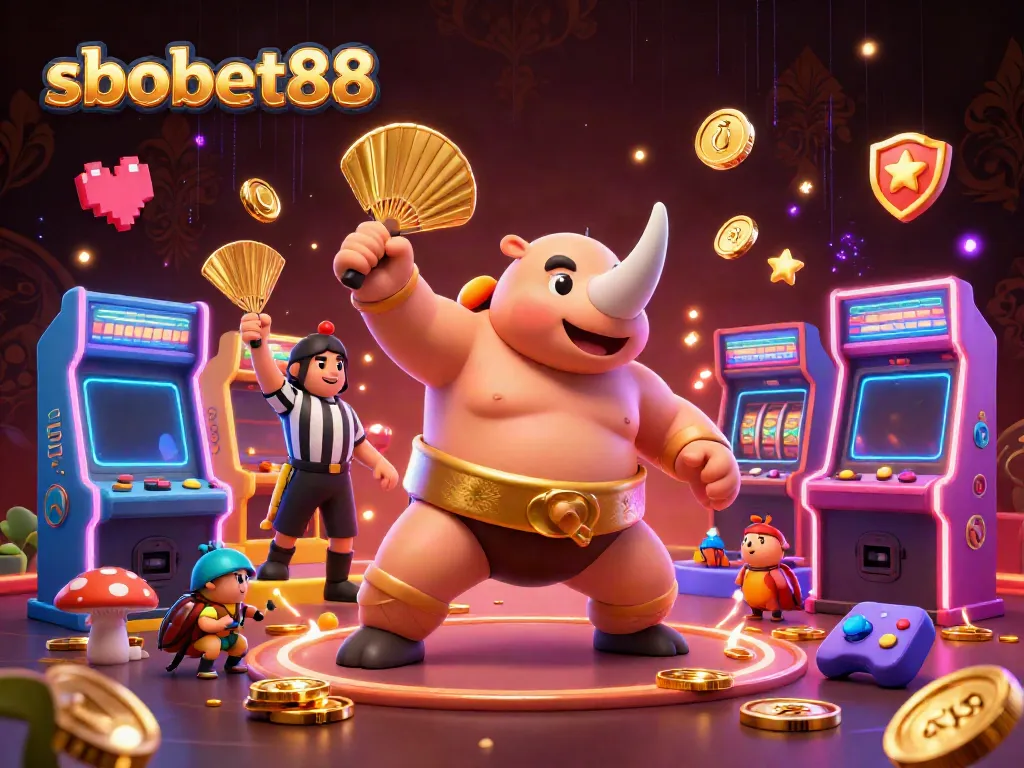 Experience sbobet88 action with a dynamic scene of a rhinoceros beetle sumo champion amidst flying coins and vibrant gaming elements.