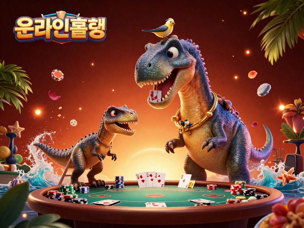 온라인홀덤에서 포커 테이블에 집중하는 공룡 캐릭터 일러스트