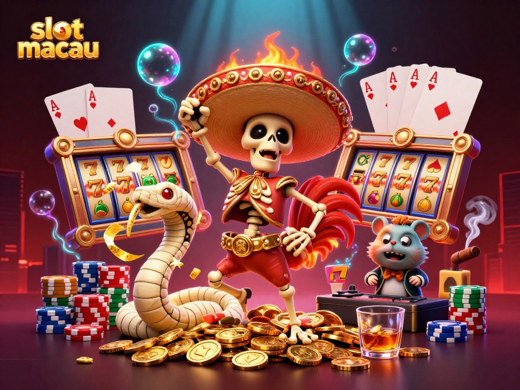 Experience the thrill of slot macau with cartoon characters amid vibrant casino elements.