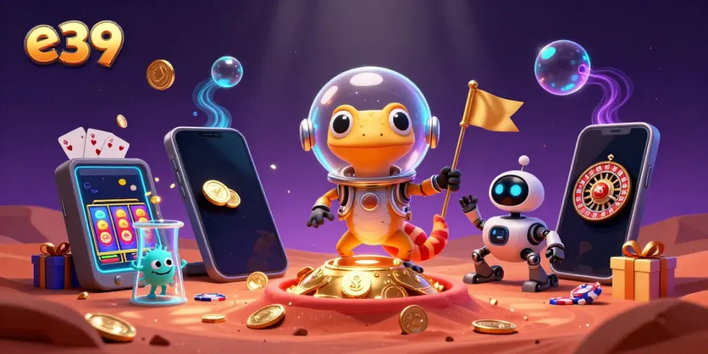 Experience thrilling gaming action at E39 with a Martian gecko discovering a golden casino on Mars.