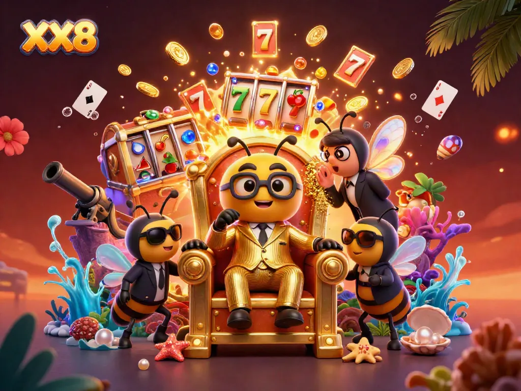 Engage with XX8 gaming visuals featuring a bumblebee mob boss amidst a vibrant casino scene with slot machines and treasure.