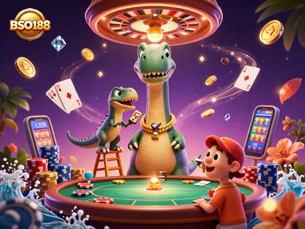 Experience the thrill of BSO188 with vibrant scenes of casino excitement and playful dinosaurs.