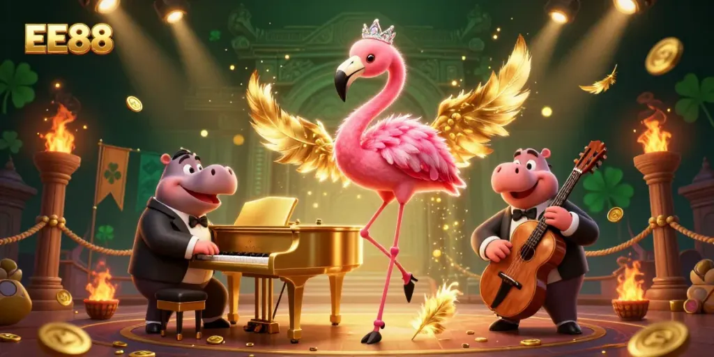 Engage with EE88's dynamic casino atmosphere portrayed by a vibrant flamingo and hippo duo.