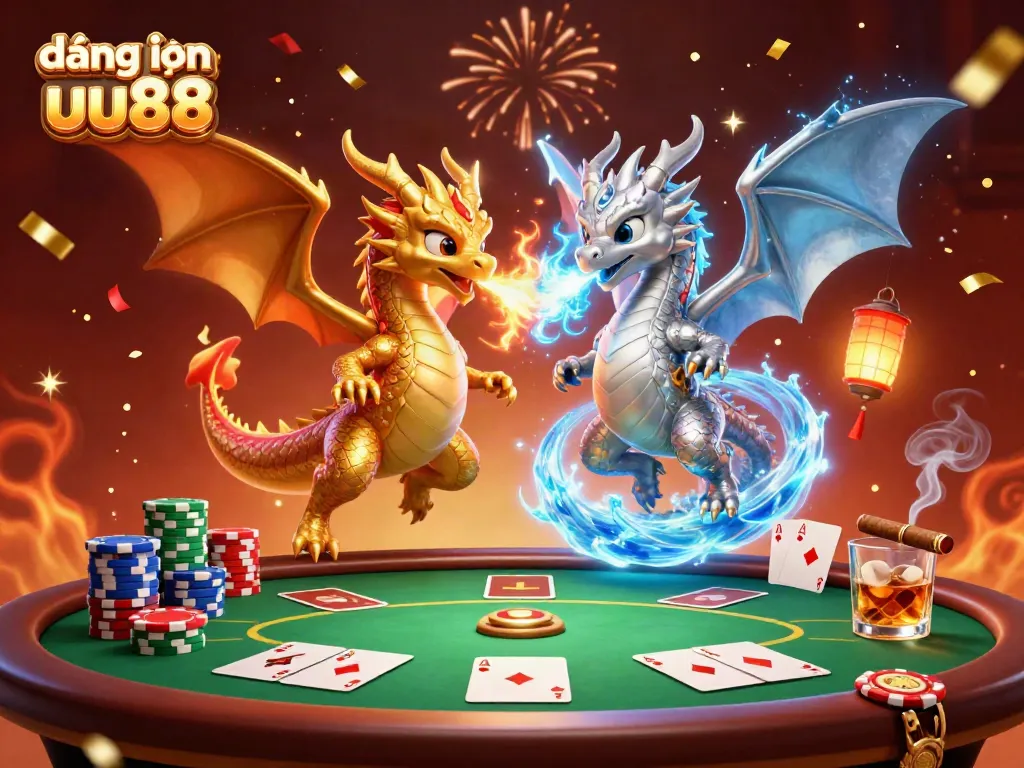 Experience excitement with đăng nhập uu88 as majestic dragons breathe fire and ice, surrounded by poker chips and winnings.