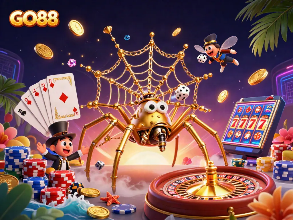 Experience GO88 with a steampunk spider catching dice in a rich casino landscape full of treasures.